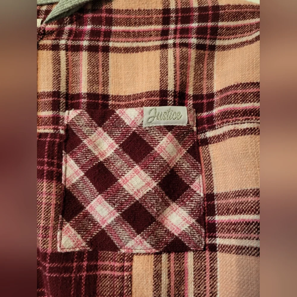 Justice Long Sleeve Plaid Flannel Shirt with Hood